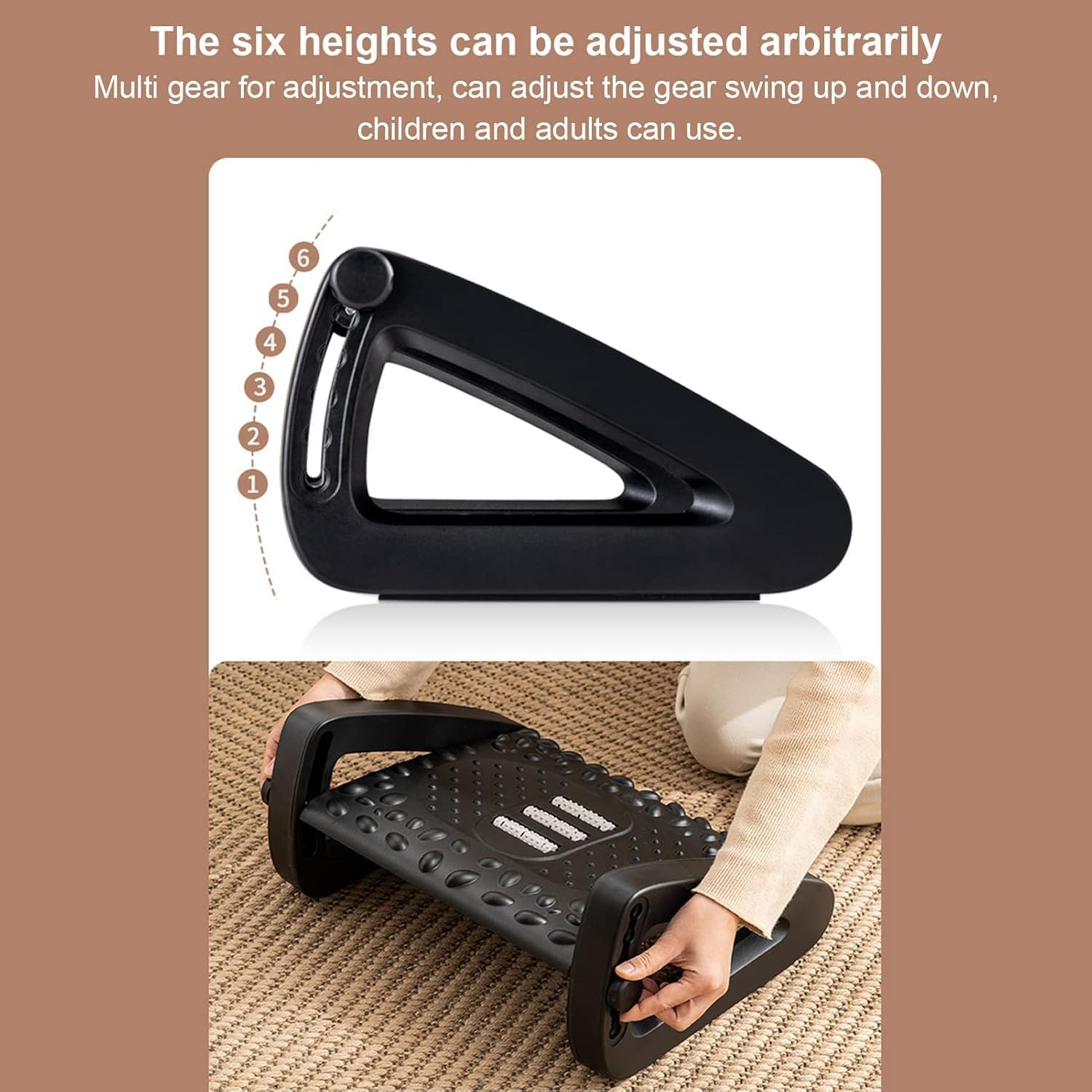 Adjustable Footrest under Desk, 6 Height Adjustable Ergonomic Comfort Foot Stool at Work with Massage Texture and Roller, Foot Support for Home & Office (Black) - Black image number 2