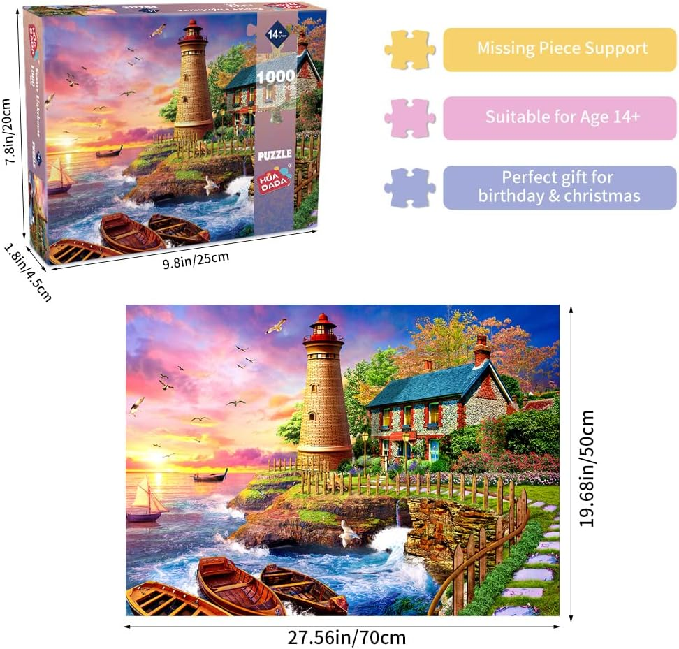 HUADADA Jigsaw Puzzles for Adults 1000 Pieces, Puzzles for Adults 1000 Piece, Challenging Game Toys, Impossible Puzzle, Family Decoration Puzzle - Sunset Lighthouse image number 3