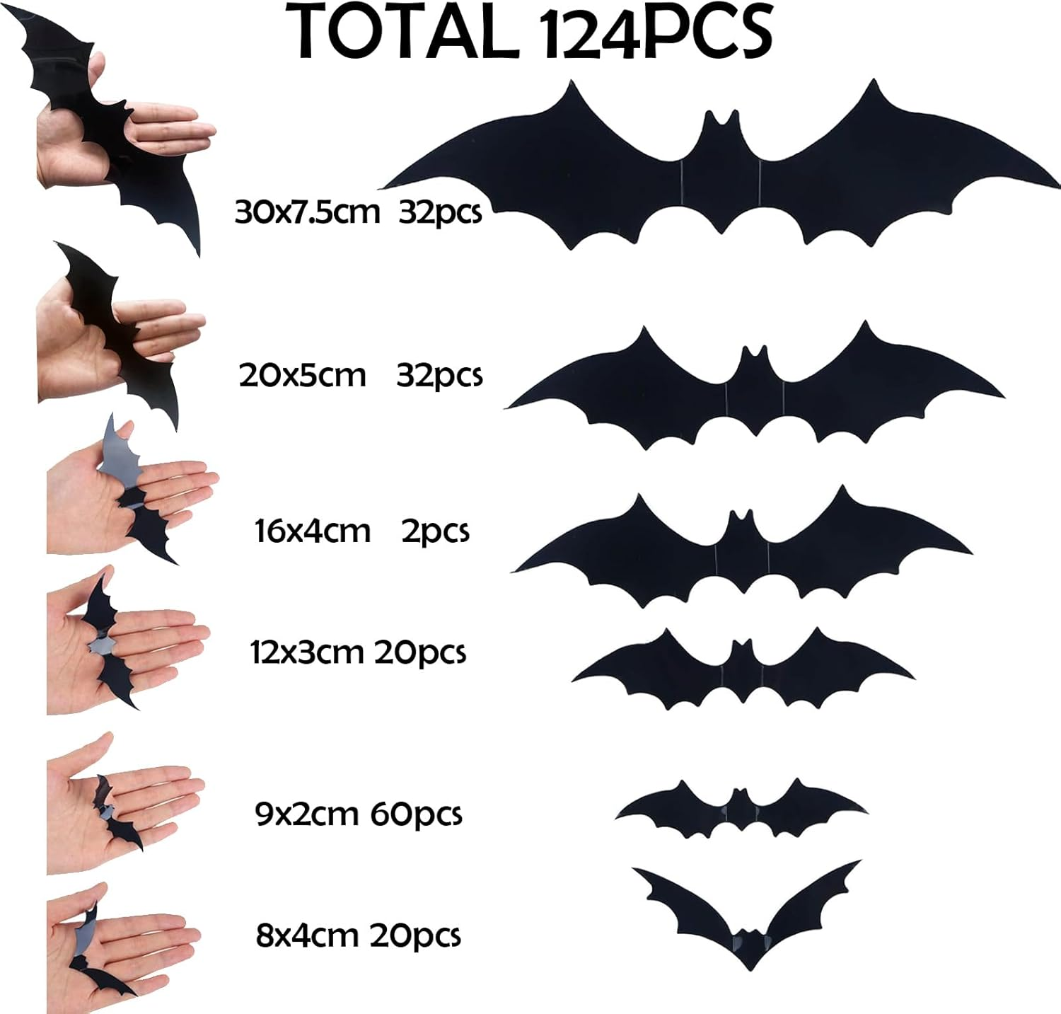 Halloween Large 3D Bats Wall Decor - 124Pcs PVC Scary Stickers for Party Decorations, Indoor Outdoor DIY Home Window Door Decor (Large) image number 5