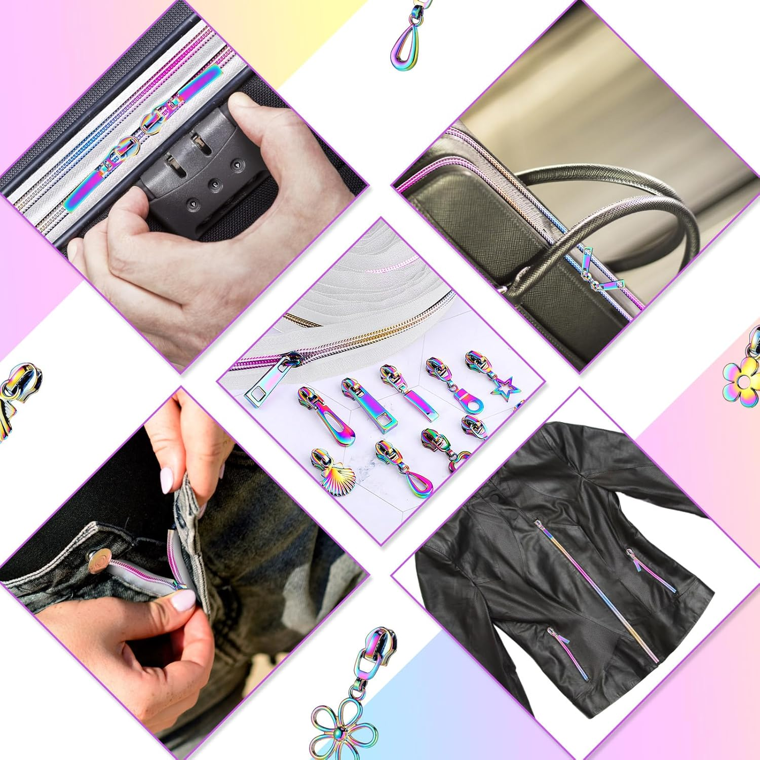 Zeyune #5 Rainbow Zipper Tape by the Yard 10 Yards Rainbow Teeth Nylon Zipper with 20 Pcs Colorful Metal Slider Pulls (10 Styles) for DIY Sewing Tailor Crafts (White) image number 3