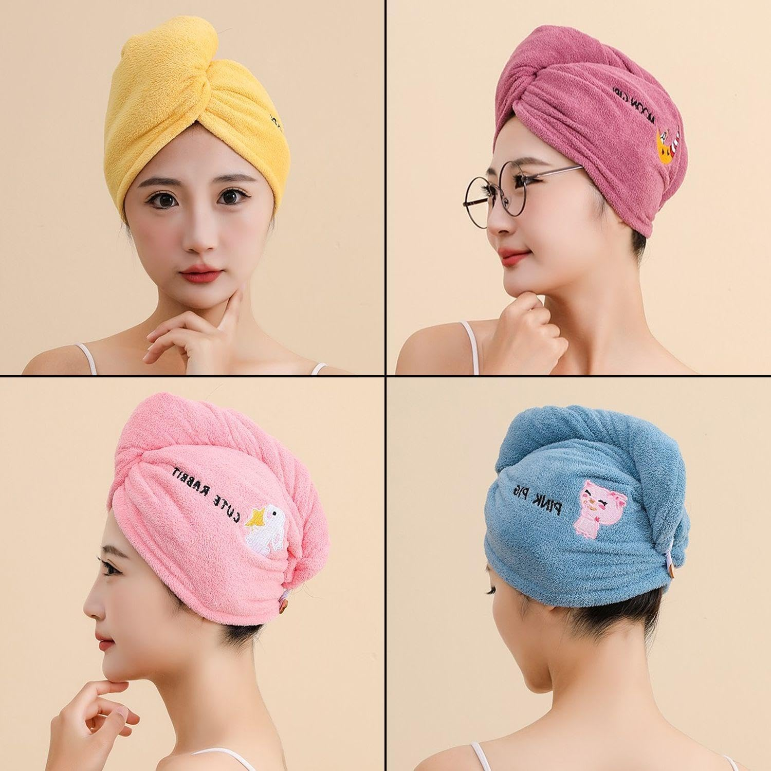 4 Pieces Dry Hair Cap, 2 Face Wash Brushes, Coral Mine Soft Turban, Long Hair Cap for Women, Water Absorbent Embroidered Towel, Bath Accessories image number 4