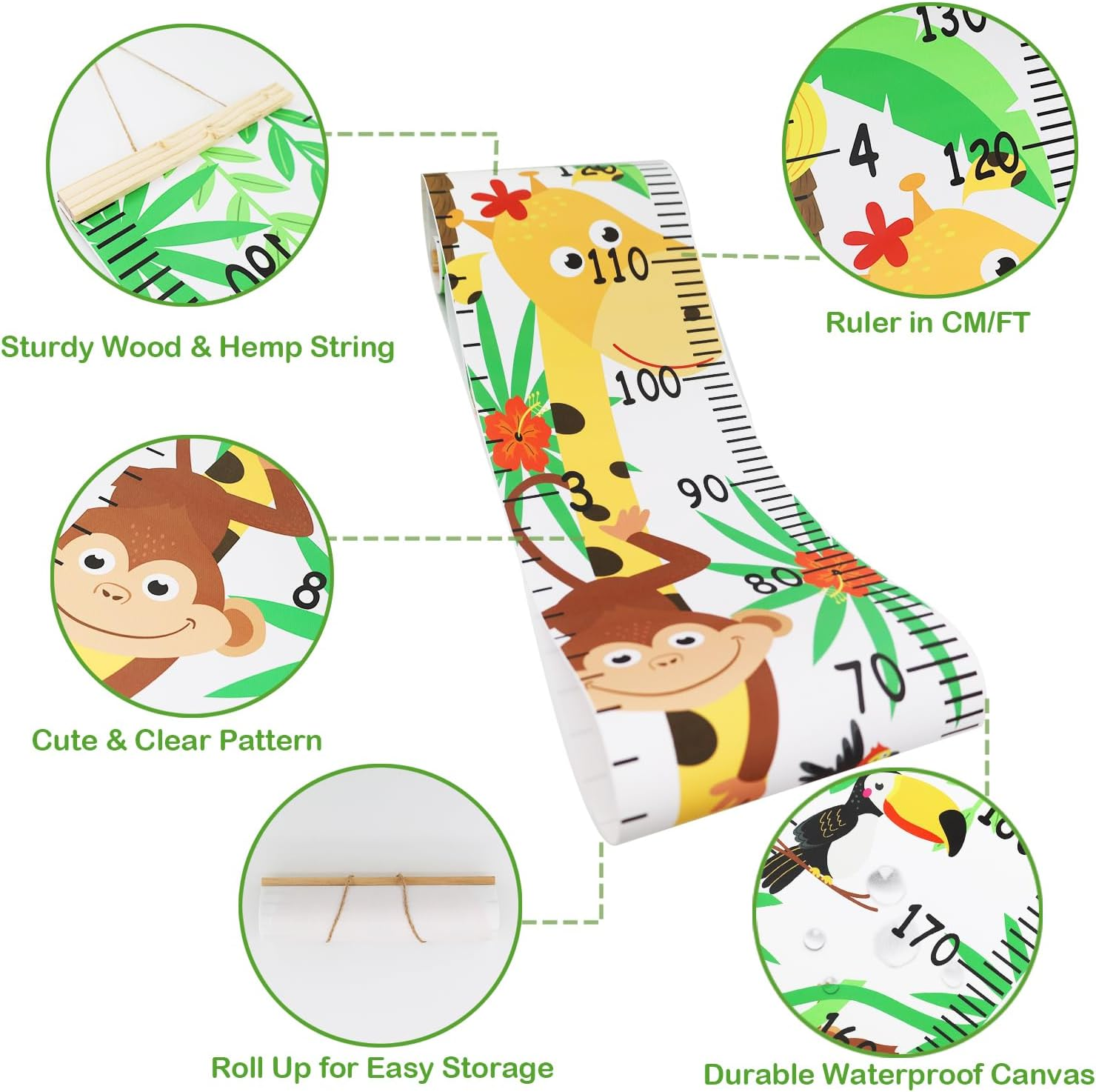 Height Growth Chart for Kids, Handing Ruler Wall Decor for Kids Removable Waterproof Canvas Height Measuring Chart Wood Frame Height Measurement Ruler from Babies to Adult for Wall Room Decor 7.9 X 79 Inch - Flower image number 2