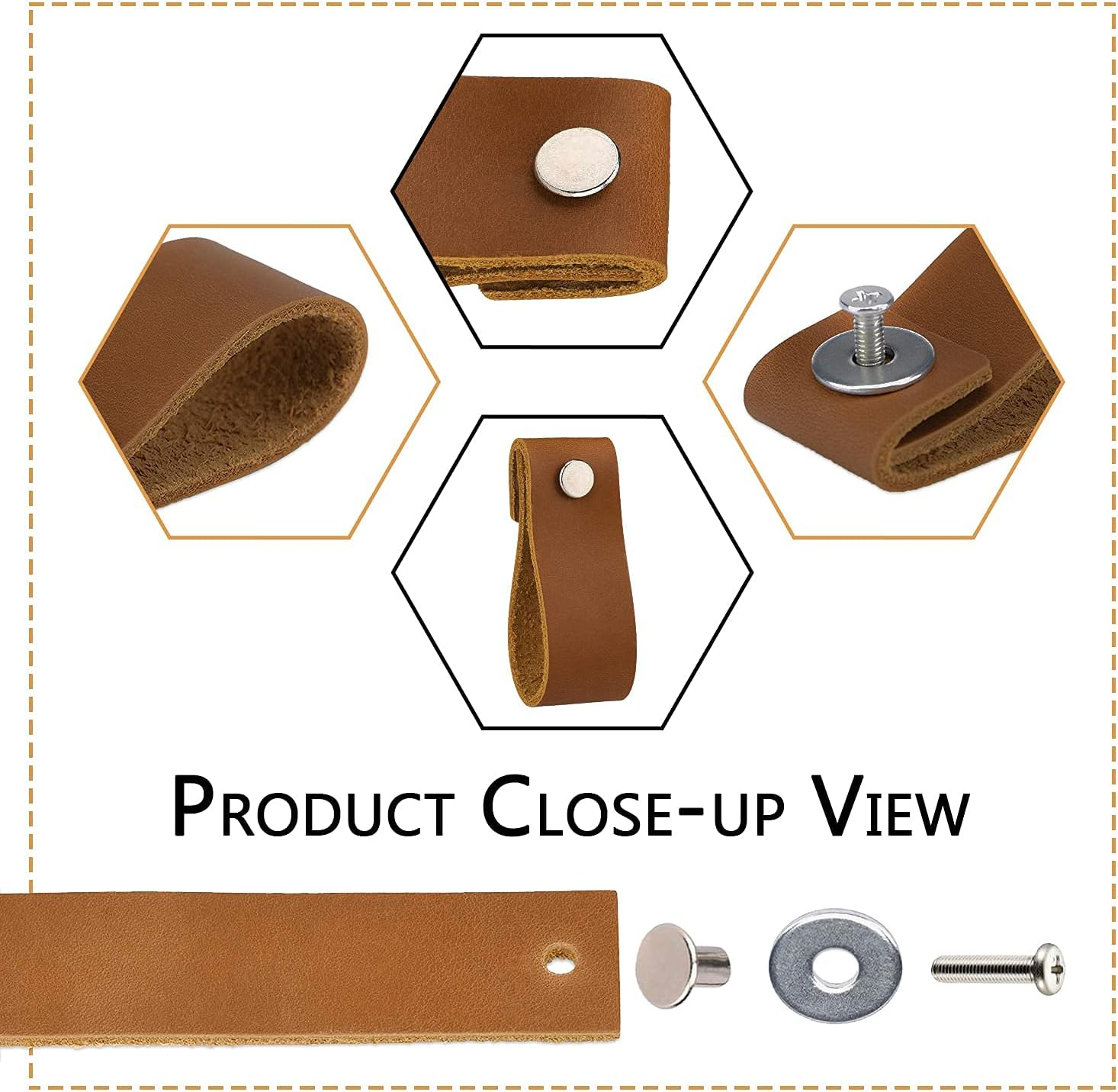 Lazakay Leather Drawer Pulls - 8 Pcs Leather Dresser Knobs, Handmade Pure Leather Handles for Cabinet, Doors and Drawers (Brown) - Gold image number 6