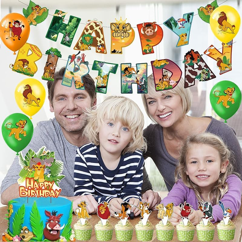 Dinoeye Lion King Birthday Decoration Pack: 17Pcs Cake Toppers, 1Pcs Banner, 18Pcs Balloons (Berry, Yellow)