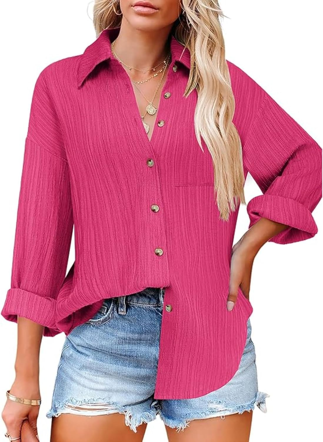 Womens'S Long Sleeve Work Blouses Tops with Pocket Button down Shirts Dress V Neck Casual Solid Long Sleeve image number 2