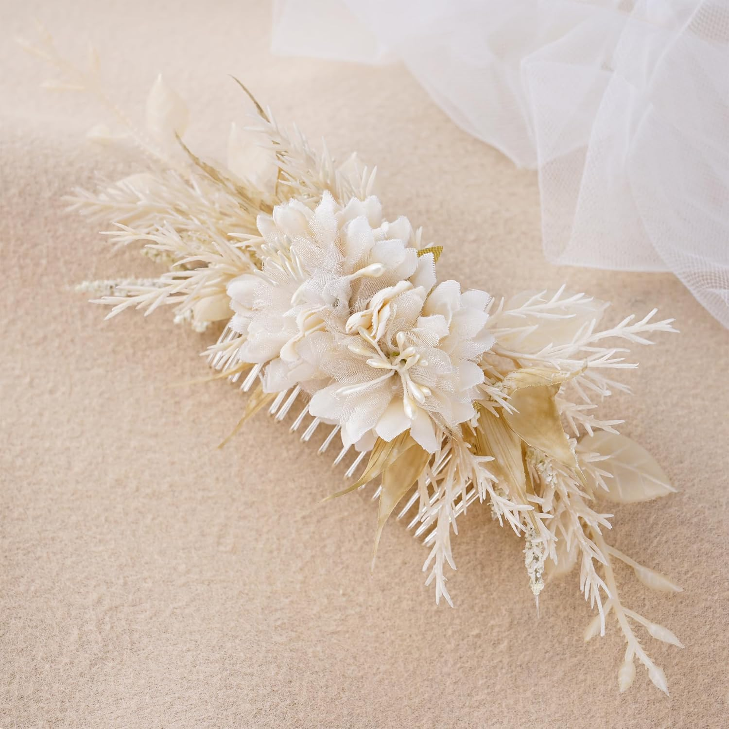 Partyforu Bridal Flower Hair Comb for Women, Handmade White Flower Comb for Wedding, Flower Hair Accessories for Bride, Bridesmaid, Hen Party, Bridal Shower image number 2