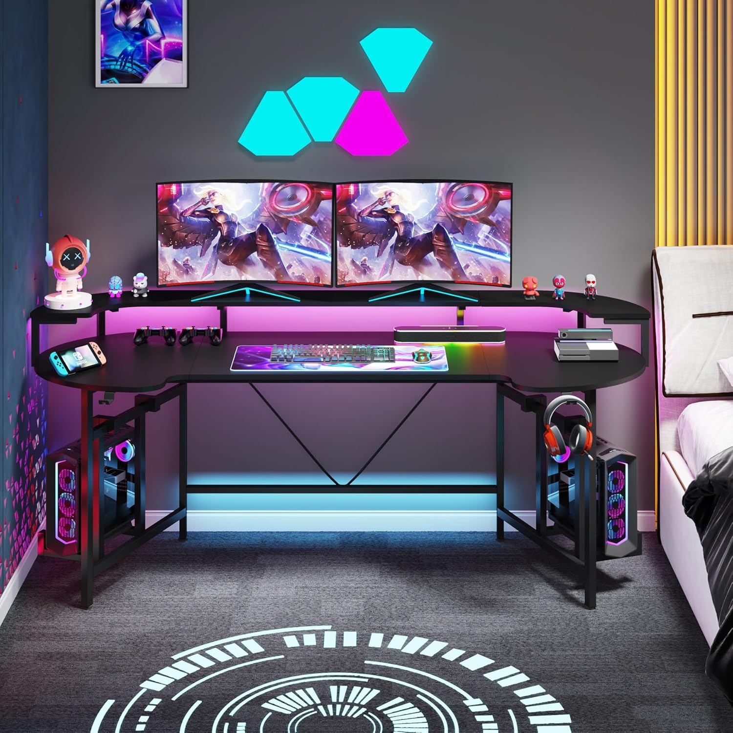 Tribesigns 190 Cm Gaming Desk with Shelf, Large RGB Gaming Table, Computer Gaming Table, Carbon Fiber Gamer Desk for Bedroom, Home Office, Black