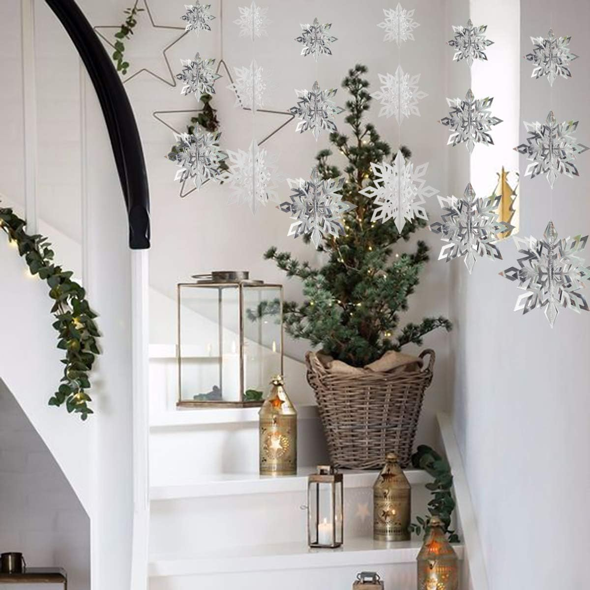 Crafare Christmas Hanging Snowflake Decorations 18PCS 3D White Silver Snowflakes Hanging Garland for Christmas Winter Wonderland Holiday New Year Party Home Decoration - Sparkle 18Pcs image number 6