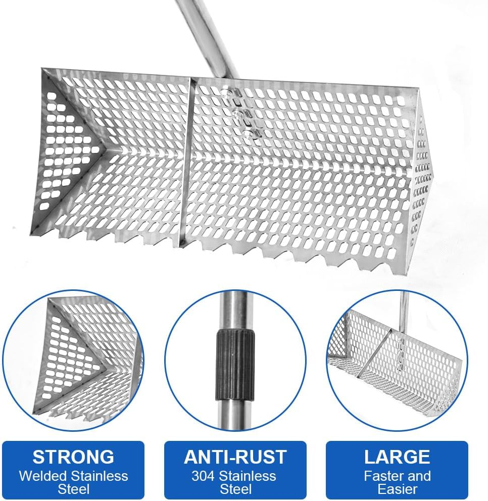 ALSTON Beach Rake Stainless Steel Sand Flea Rake 140Cm Long Detachable Handle and Shark Tooth Wide Sifter for Easy Sand Flea Removal with Bonus Basket and Tools image number 6