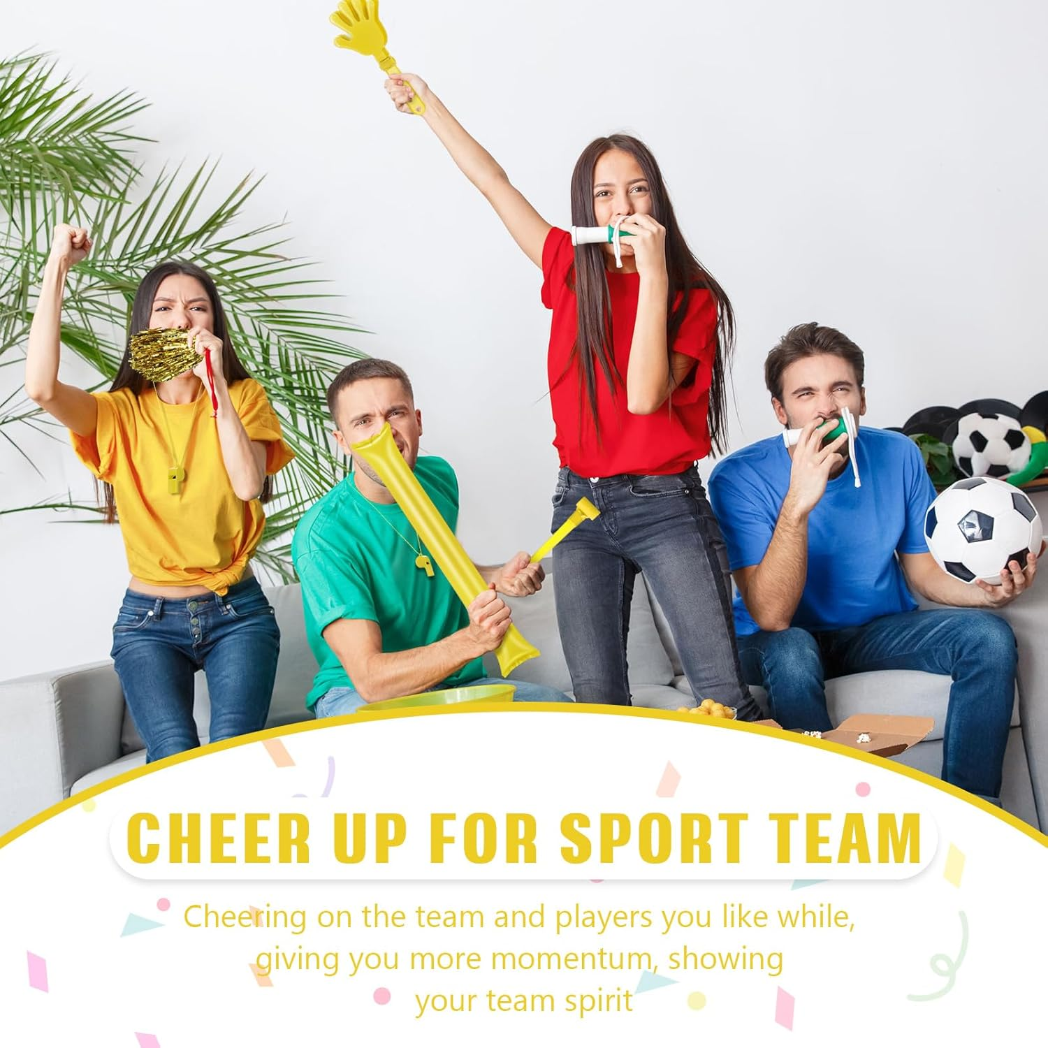 48 Pcs Cheerleading Pom Poms Thunder Sticks Hand Clappers Plastic Whistles with Lanyards Squawker Horns image number 6