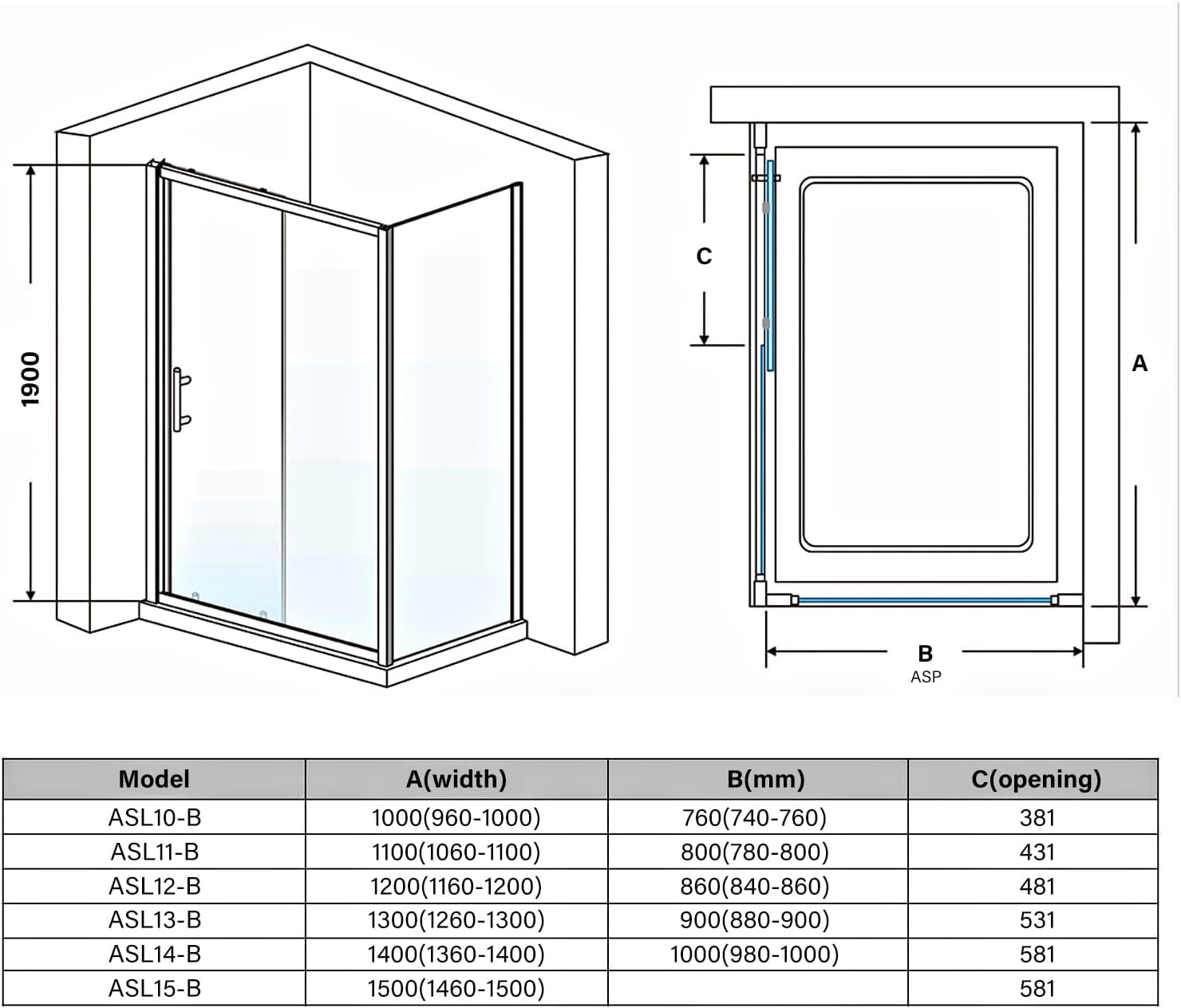 ELEGANT Sliding Shower Enclosure, Black Framed Shower Screen, 5Mm Tempered Glass, Sliding Shower Door with Side Glass Panel, No Base and Waste Outlet, 1000X760X1900Mm - 1000X860Mm image number 4
