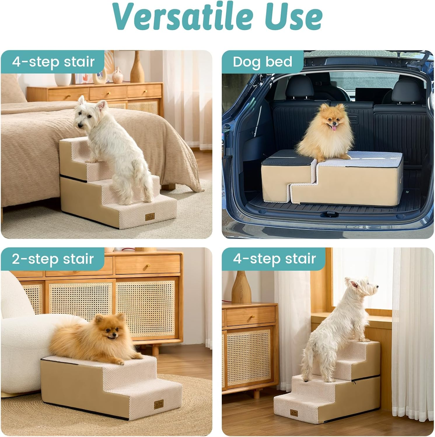 Cozy KISS 4 Tier Removable Pet Stairs, 15.7X23.6X17.7 Inch, Beige - Gray image number 4