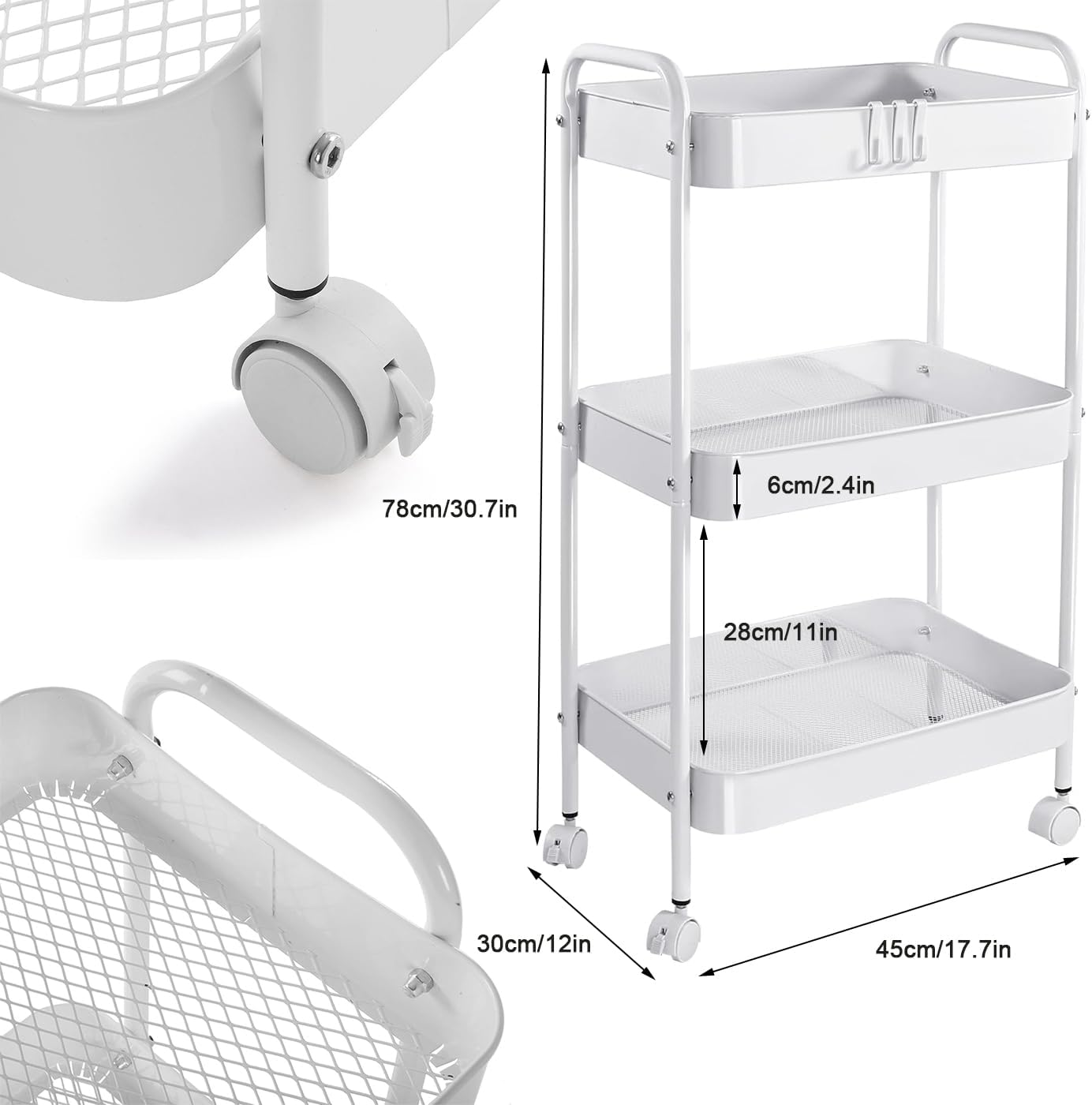 3 Tier Metal Rolling Storage Cart with Lockable Wheels Bathroom Cart Organizer Laundry Room Organizer Utility Cart Mobile Shelving Unit Multi-Functional Shelves for Office, Kitchen, Bathroom, White image number 6