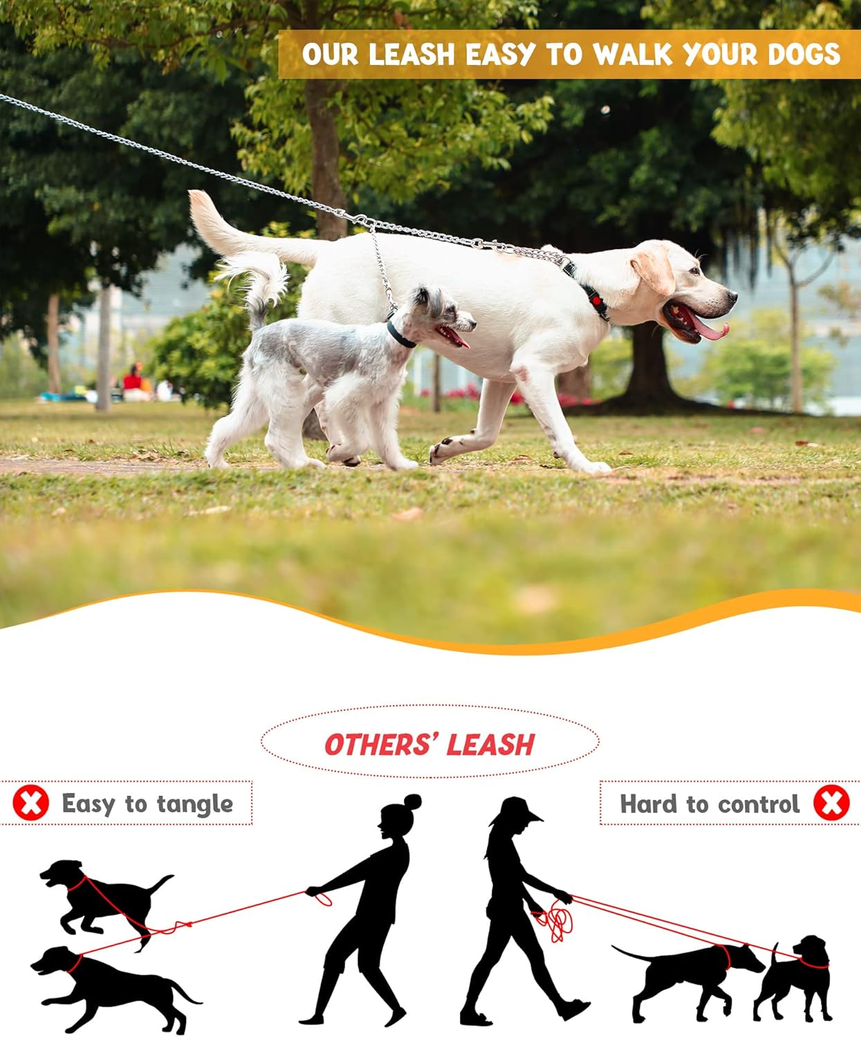 Double Dogs Lead 2 Way Iron Chain Leash Coupler Twin Pet Trainer Safety Rope Splitter for Walking Training (M-3.5Mm*60Cm) image number 1