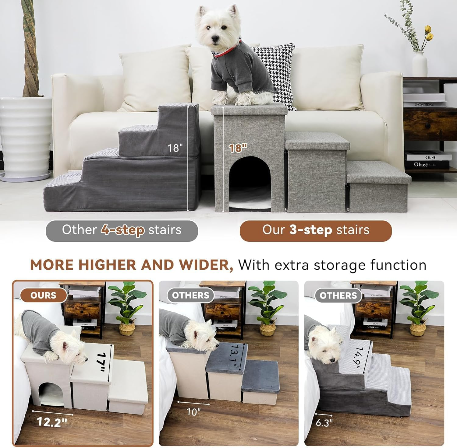 Dog Step Stairs with Storage, Foldable 3-Step Wider Dog Steps for High Beds Couch, Portable Cat & Puppy Steps, Dog Stair Ramp with Storage Box image number 3