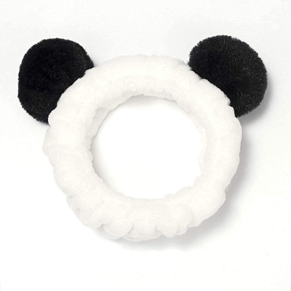 2Pcs Cute Panda Ear Headband Soft Elastic Coral Fleece Hair Band with Pompons for Ladies Fashion(Black Ear and Grey Ear)