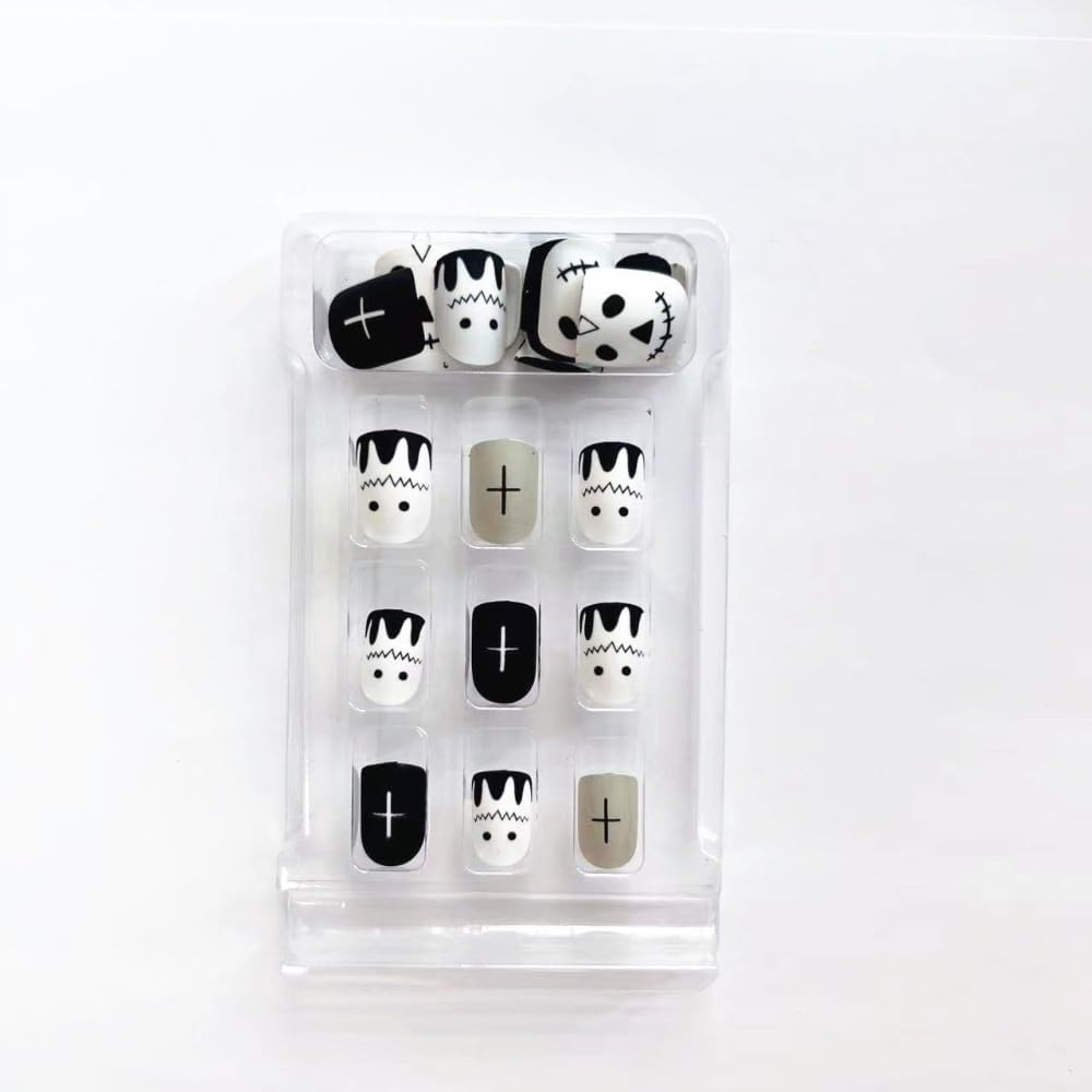 Ztcily False Nails Short Square Matte Black and White False Nails Halloween Punk Style for Women Girls Gift Accessories image number 3