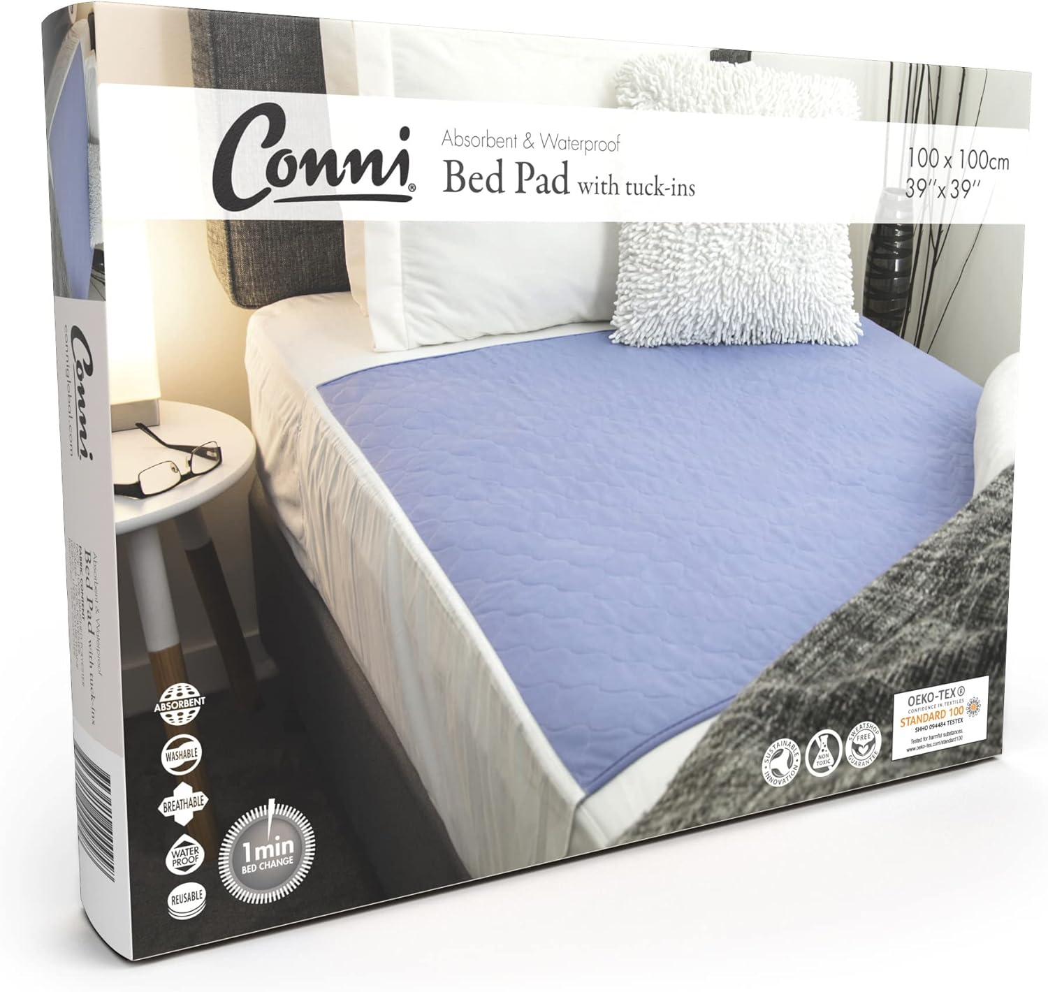 Conni Reusable Bed Pad with Tuck-Ins, Absorbent, Waterproof and Washable Protector Pad for Incontinence, Bed Wetting and Perspiration, Teal Blue, 100 X 100 Cm