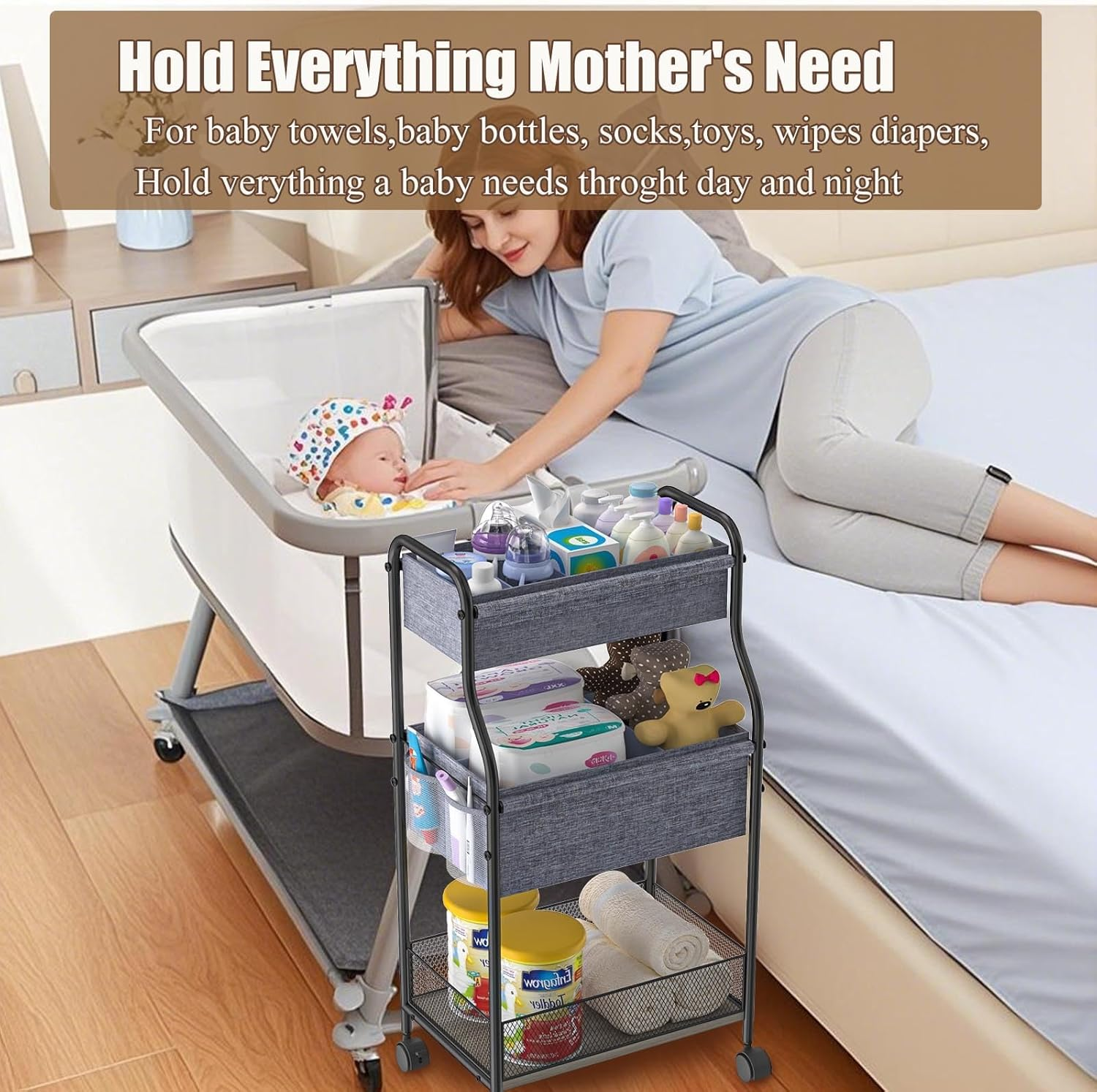 3-Tier Baby Diaper Caddy Organizer Cart with Dividers & Side Pockets, Mobile Metal Utility Cart with Rolling Wheels for Nursery Essentials, Large Capacity Rolling Carts for Crib, Bedroom, Bathroom image number 2