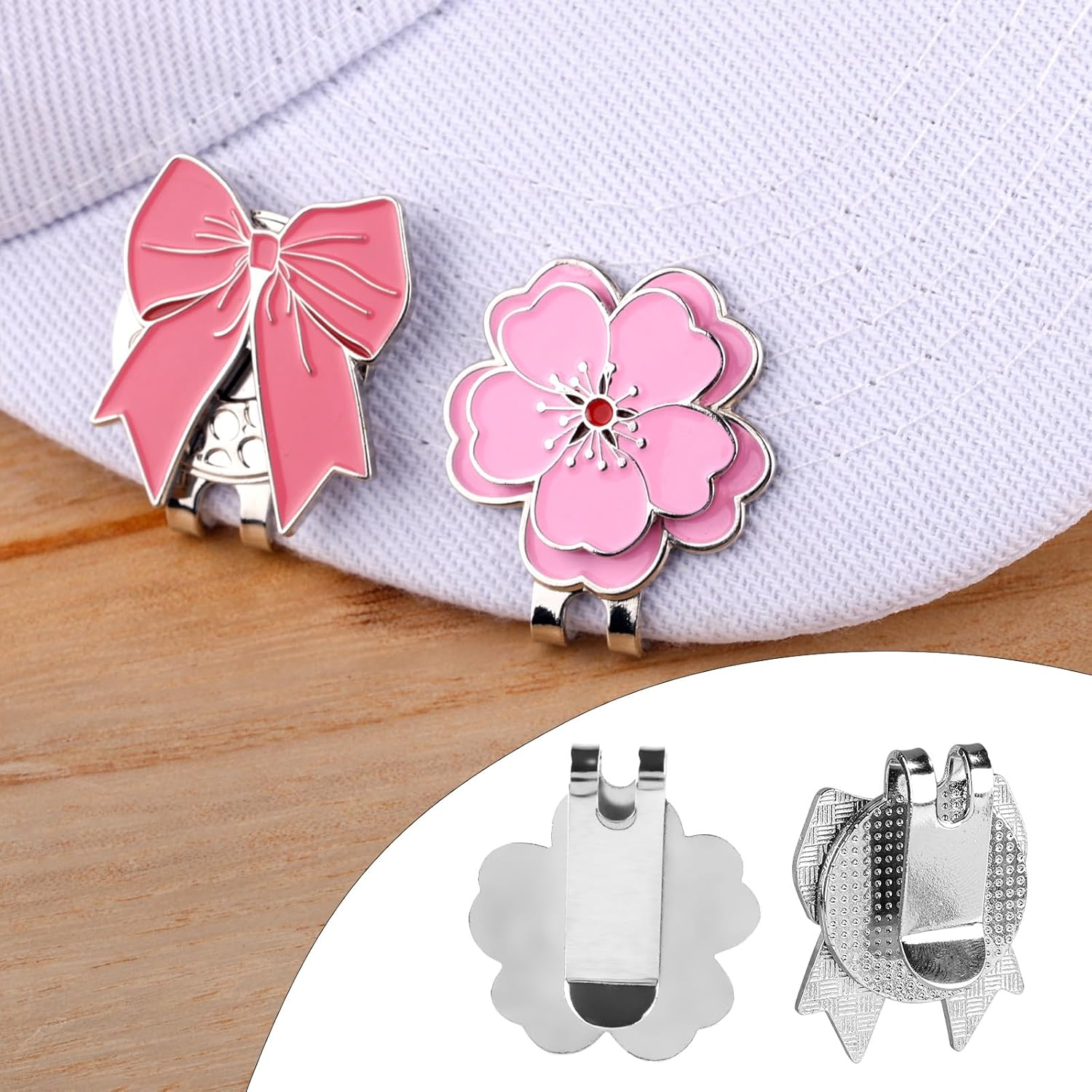 2Pcs Magnetic Golf Hat Clip Set, Pink Magnetic Golf Ball Marker Hat Clip Ball Marker Accessories for Men Women Golfer(Bow & Flower Style)