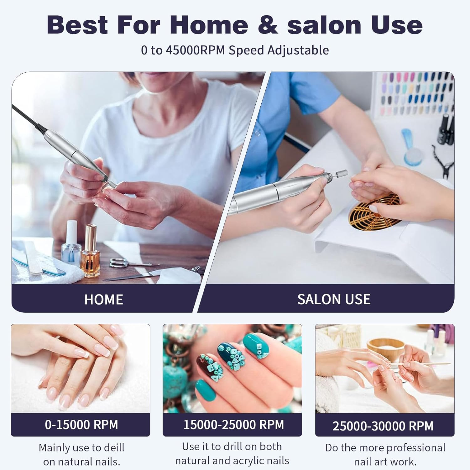 Cordless Nail Drill Machine,45000 RPM Rechargeable Portable Nail File Kit for Acrylic, Gel Nails, Manicure (Purple) image number 2