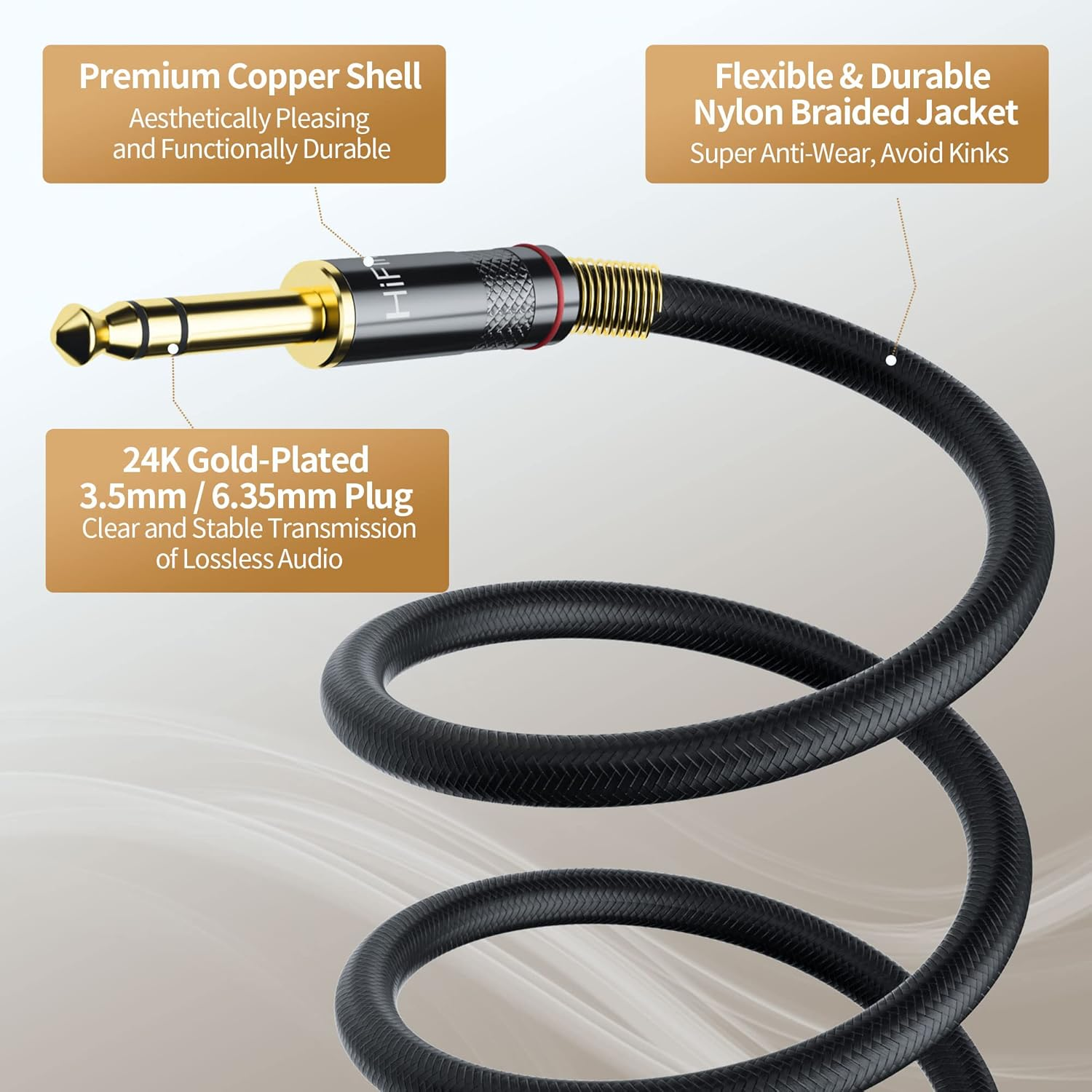 Hifind 3.5Mm to 6.35Mm Stereo Audio Cable 6 Ft (Hi-Fi Sound-Silver Plated Copper-Spring Sr-Braided) 3.5 Mm 1/8" TRS Male to 6.35 Mm 1/4" TRS Male Bidirectional Cable for Guitar,Home Theater,Speaker image number 4