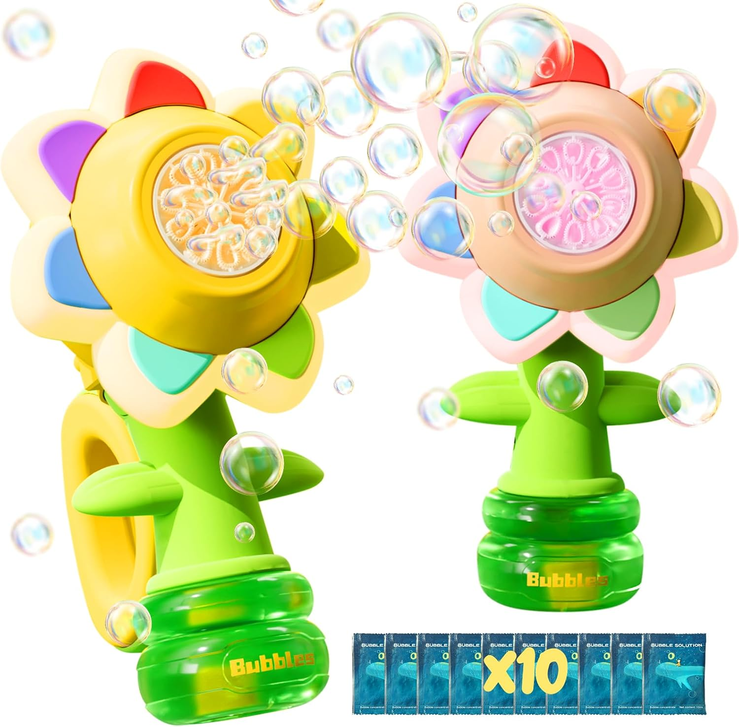 2 Pack Rechargeable Flower Bubble Guns for Kids W/LED Lights & 10 Refill Solutions, Fun Swing Dance Bubble Maker Machine Blower Blaster Toys,Outdoor Summer Play, Easter, Birthday Party Favors & Gifts