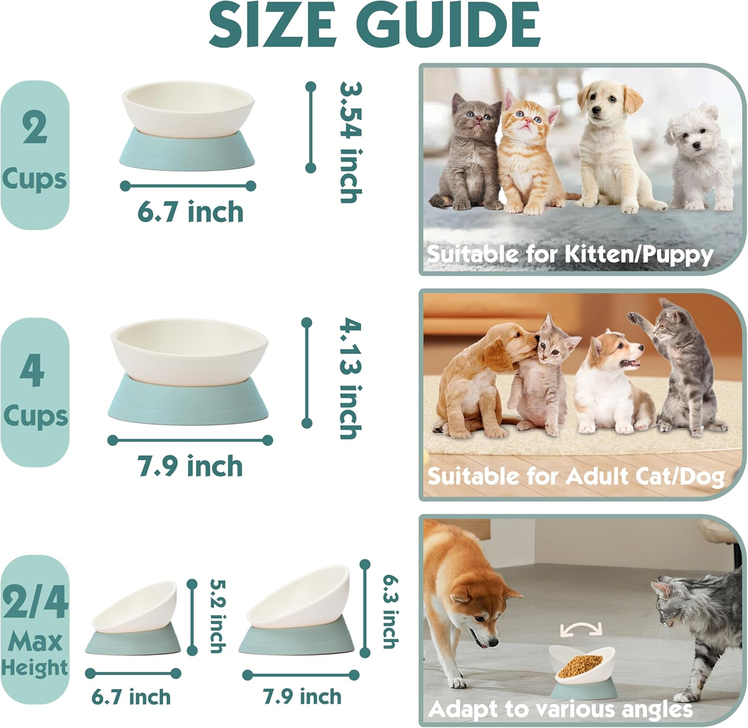 French Bulldog Food Bowl- Slanted Tilted Pug Food Water Bowl,Cat Bowl- Feeder for Frenchie/Shih Tzu/Flat Faced Small Dogs/Puppies/Cats (Green, 2 Cup) image number 1