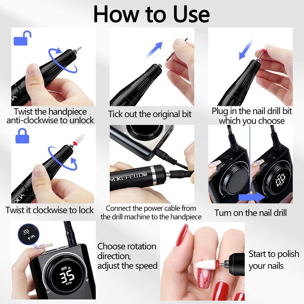 Yokefellow Professional 35000 RPM Nail Drill for Acrylic Nails with 6 Bits Rechargeable Portable Manicure Pedicure Nail Drill Machine as a Power Bank Black&Grey&Sliver (Black+Nb07)