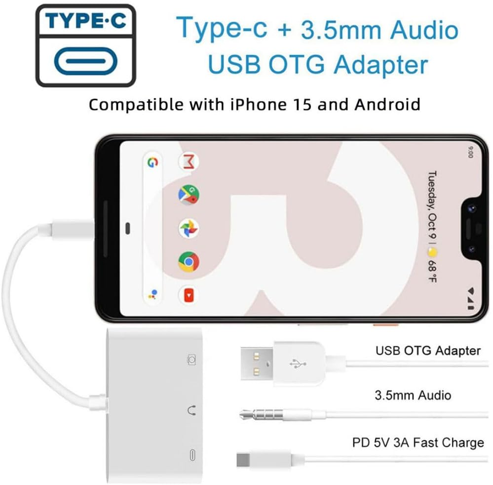 Chenyang 3 in 1 USB C to 3.5Mm Audio AUX & USB 2.0 Socket OTG Adapter with PD 15W Charge for Laptop Tablet Phone image number 3