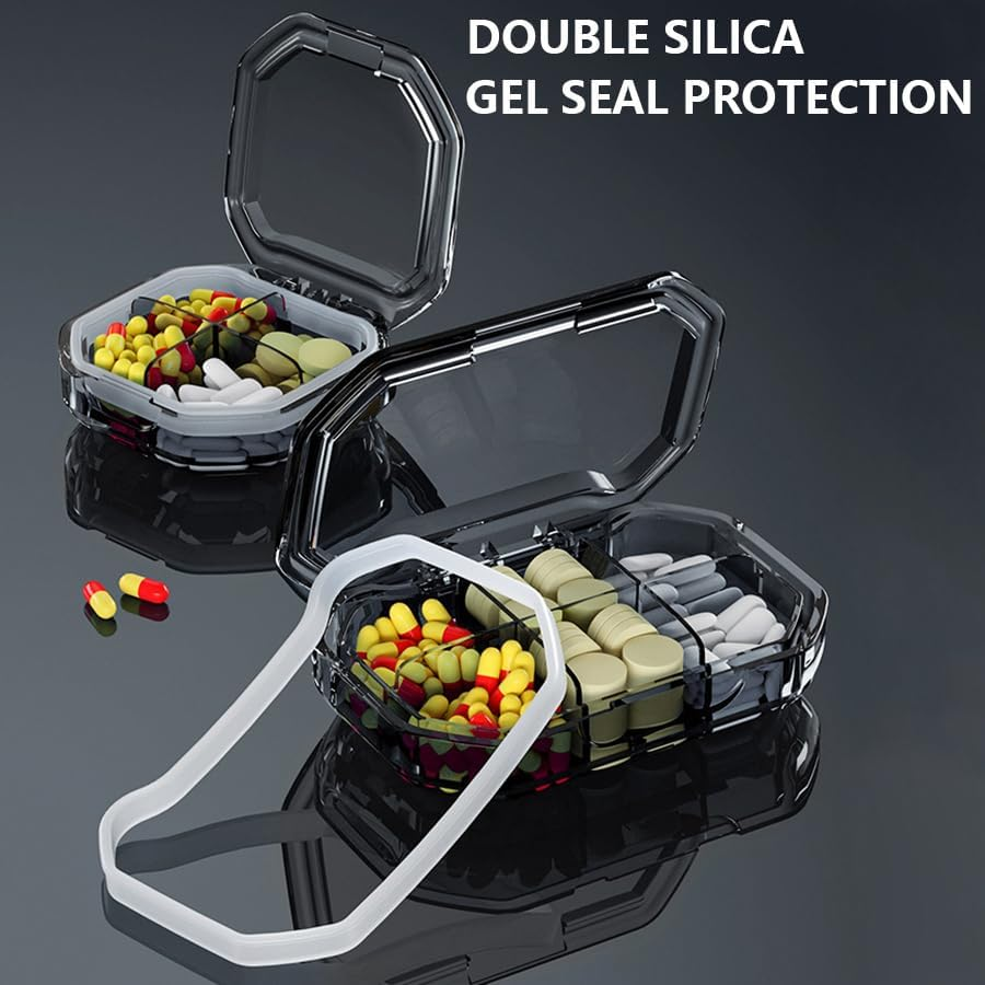 2 Pack Small Pill Box Pill Case Pill Organizer Travel Waterproof Pocket Pill Box Medicine Organizer Daily Pill Container for Purses, Compact Medicine Holder for Vitamins (6+4 Compartment) (Grey) image number 1