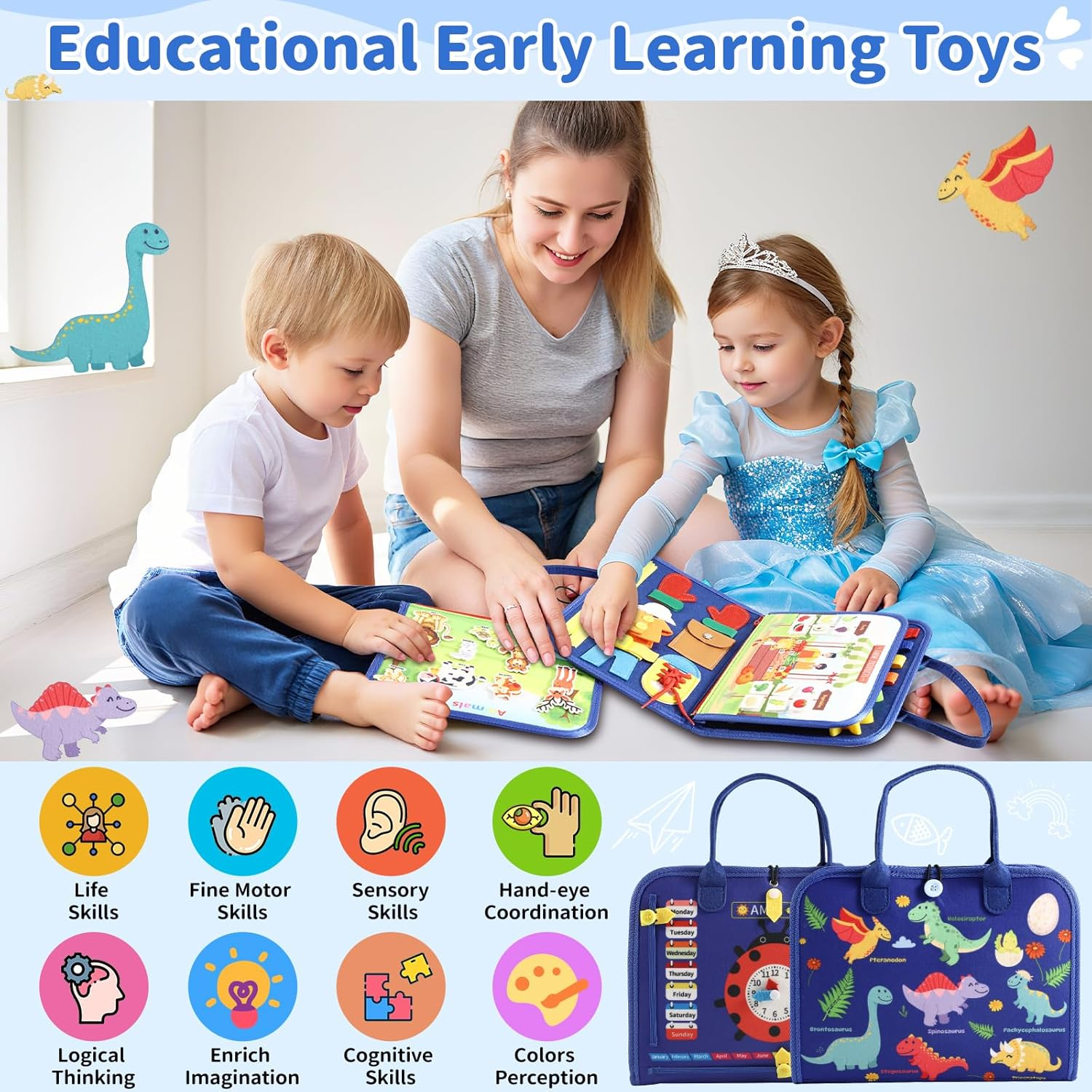 MINIBEAR Busy Board Montessori Toys for Toddlers, Kids Busy Book Toddler Sensory Toy, Preschool Educational Activities with Zipper Removable for 3 4 5 Years Girls Boys, Plane Car Travel Toys for Baby image number 2