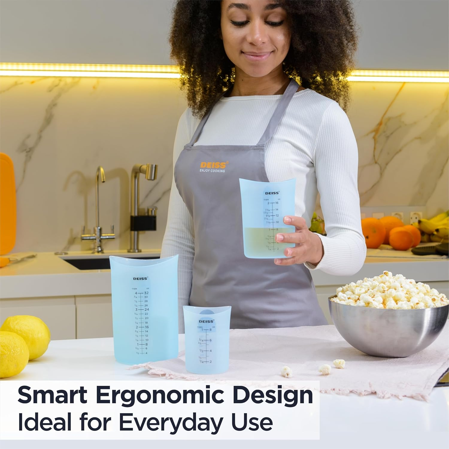 Deiss PRO 3 Piece Silicone Measuring Cup Set - Versatile & Durable, Easy-Pour Spout, Non-Stick for Easy Clean, Heat-Resistant - Squeeze & Pour Liquid Measuring Cups - Ideal for Baking, Cooking, Resin