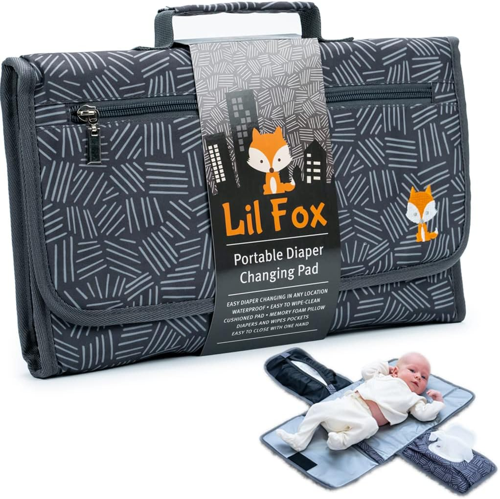 Lil Fox Portable Diaper Changing Pad by | Waterproof Portable Changing Pad for Moms, Dads and Babies | Use Just One Hand; Memory Foam Baby Head Pillow; Pockets for Diapers, Wipes and Creams