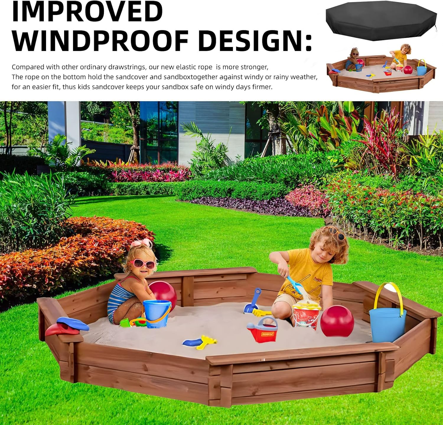 Octagon Sandbox Cover, Outdoor Garden Outdoor Octagon Sand Box Cover, 420D Oxford Cloth Waterproof, Windproof and Dustproof, Suitable for Children'S Sandbox Protection (Black,84" X 78" X 9") image number 2