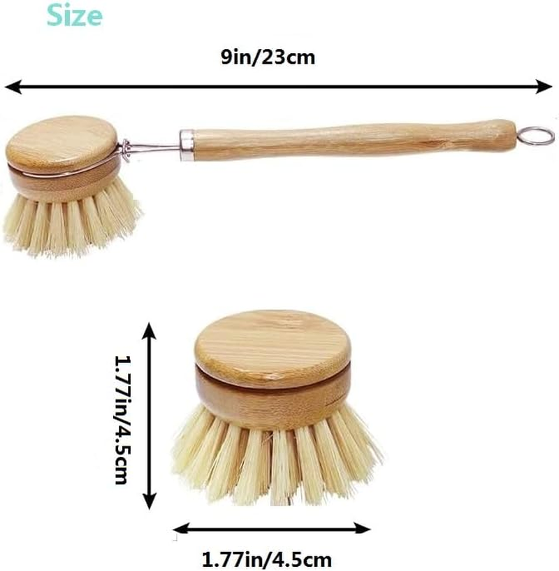 Natural Bamboo Cleaning Brush Set Pot Dish Scrub Brush with Handle Wooden Kitchen Dish Brush Dish Scrubber Replacement Brush Heads Dish Brush(Pot Brush*1+Brush Head*4) image number 4