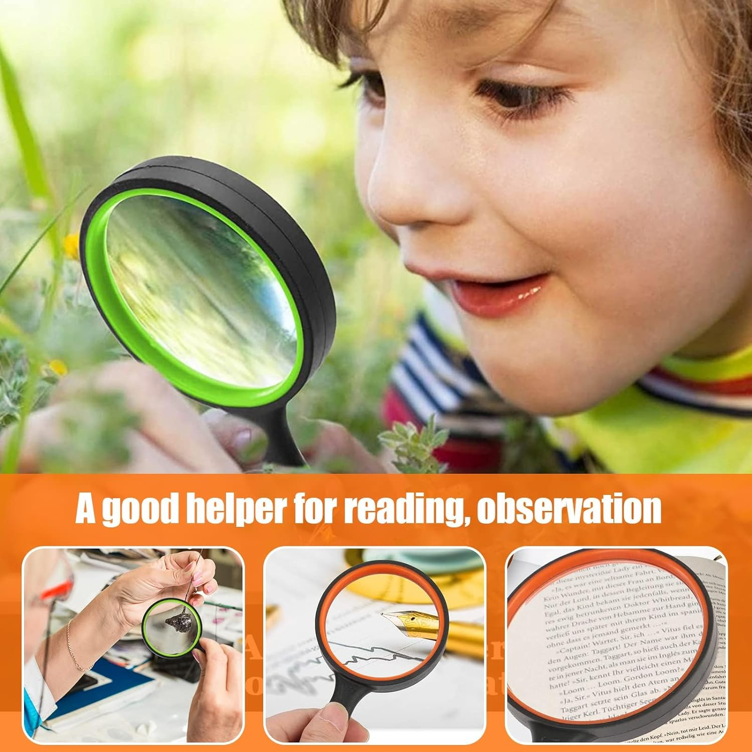 Handheld Magnifying Glass, 2 Pcs Large Reading Magnifier, 10X Non-Slip Handheld Reading Magnifier for Book Newspaper Reading, Classroom Science, Nature Exploration (Orange, Green) image number 1