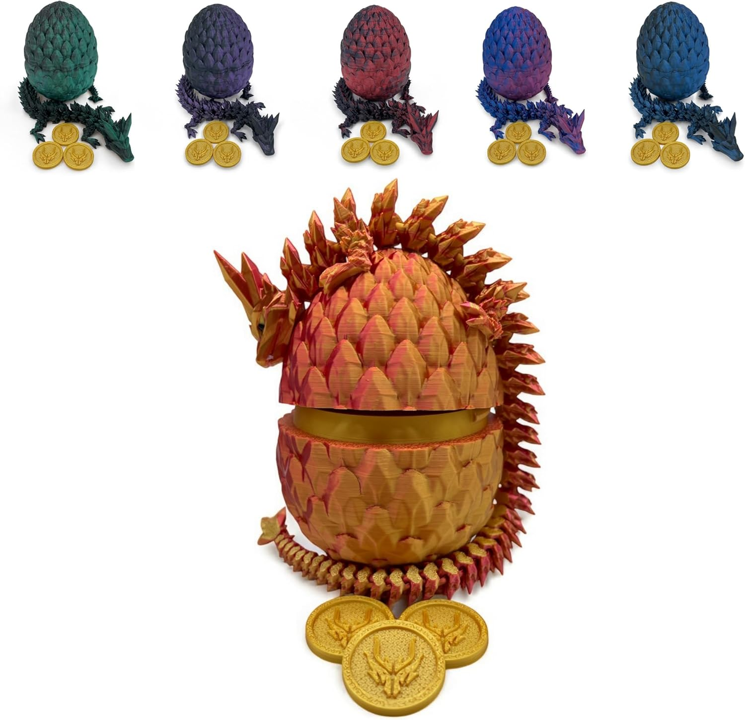3D Printed Egg with Dragon Inside, Large Crystal Dragon in Scaled Egg with Lucky Coins, Full Articulated Figurine for Adults with ADHD, Autism, Stress and Anxiety Relief (Purple and Black)
