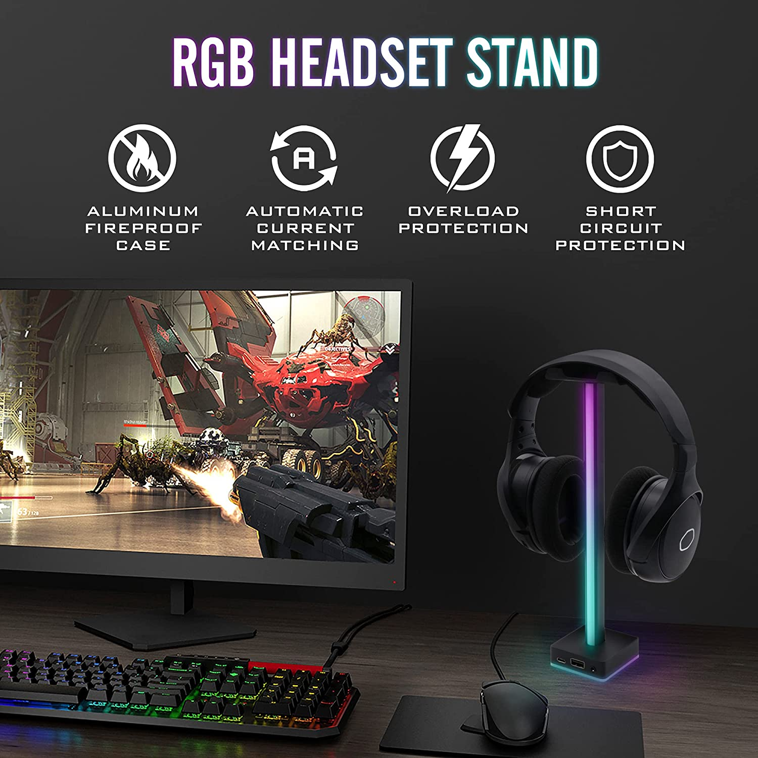 EZDIY-FAB USB LED Light Bar Headphones Stand, Desktop Atmosphere RGB Backlight,50 Built-In Color Modes, Headphone Holder for Gamers Gaming PC Accessories Desk- Black image number 6