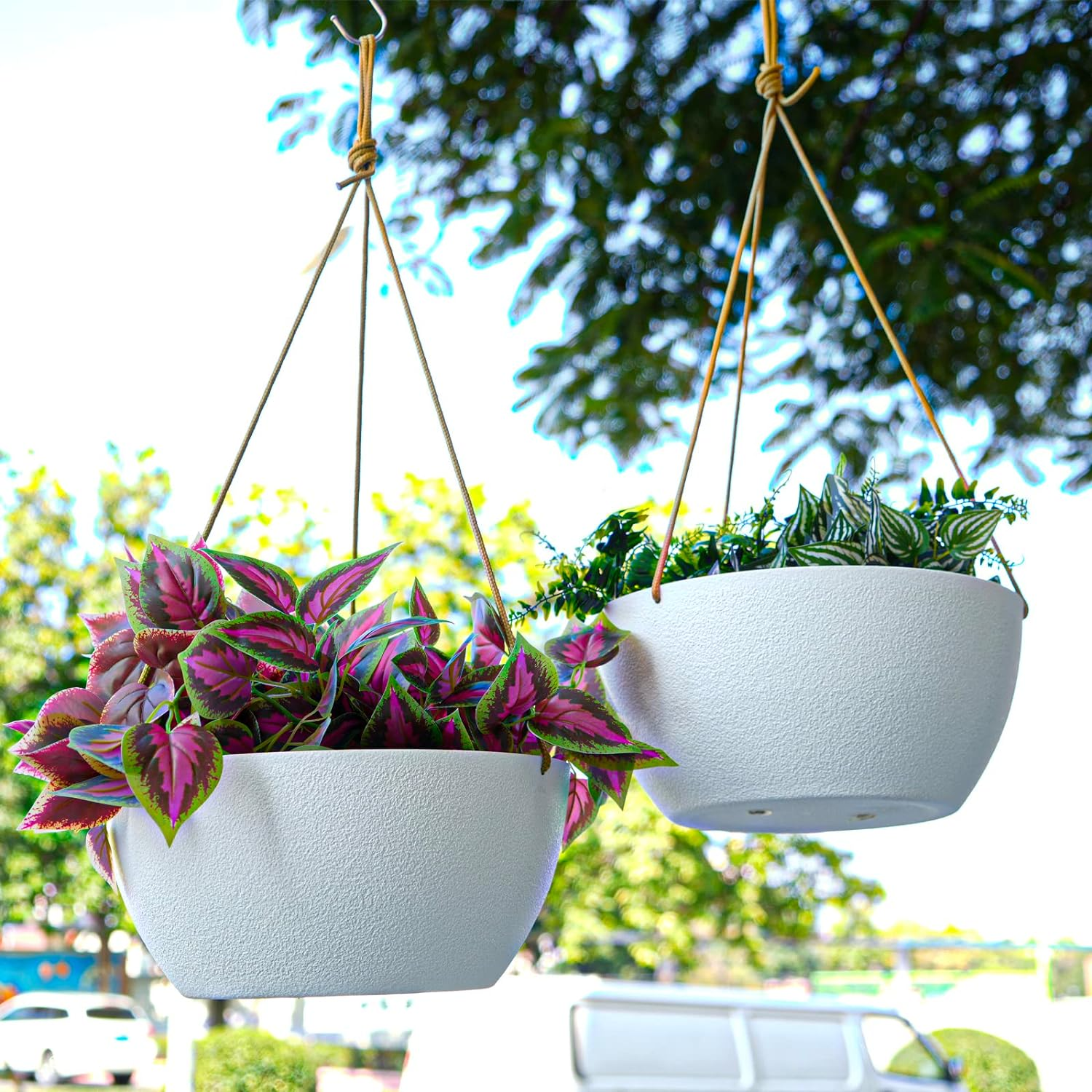 Swinduck 13 Inch 2 Pack Large Hanging Planters for Indoor Outdoor Plants, Plastic Hanging Basket Pots for House Plants Flowers, White image number 5