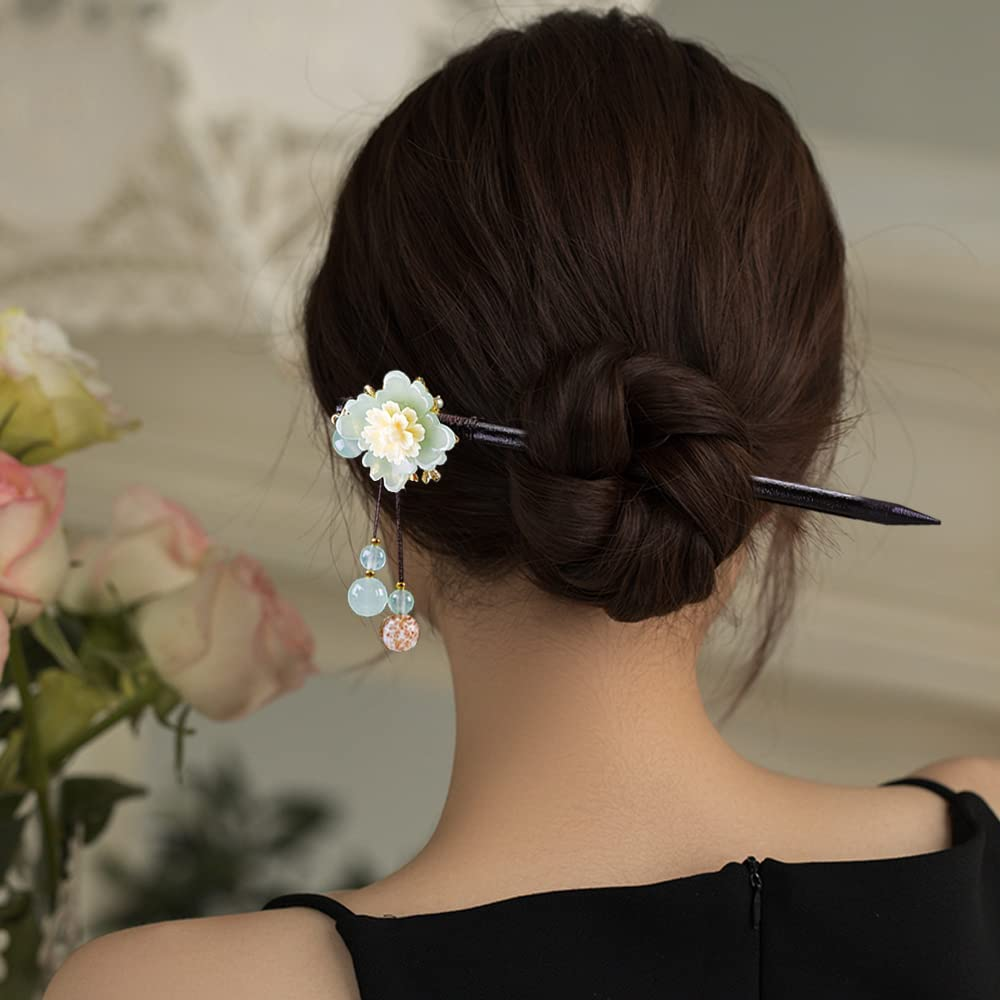 2 Pcs Wooden Chinese Hair Sticks for Long Hair, Vintage Retro Hair Chopsticks for Women Bun, Elegant Flower Tassel Chinese Hair Pins Chignon image number 2