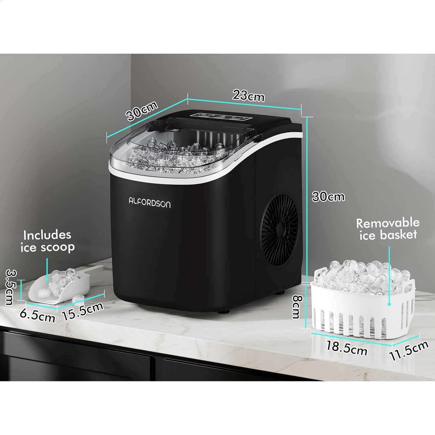 ALFORDSON Portable Ice Maker Machine with Removable Basket and Scoop, 9 Cubes in 6 Mins, Self-Cleaning Ice Machine 1.5L, 12Kg Daily 2 Sizes Ice Cube Tray, for Home/Office/Kitchen/Bar, Black image number 4
