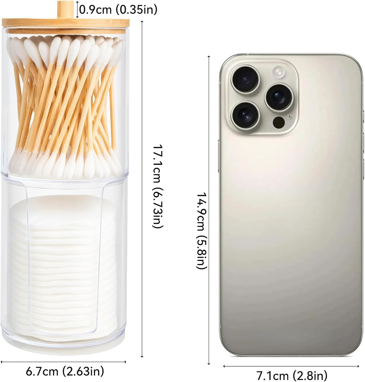 2-Pack Acrylic Organizer with Bamboo Lids - Stackable Bathroom Counter Holder & Dispenser for Cotton Balls, Swabs, Pads, Floss, Bath Salts image number 5