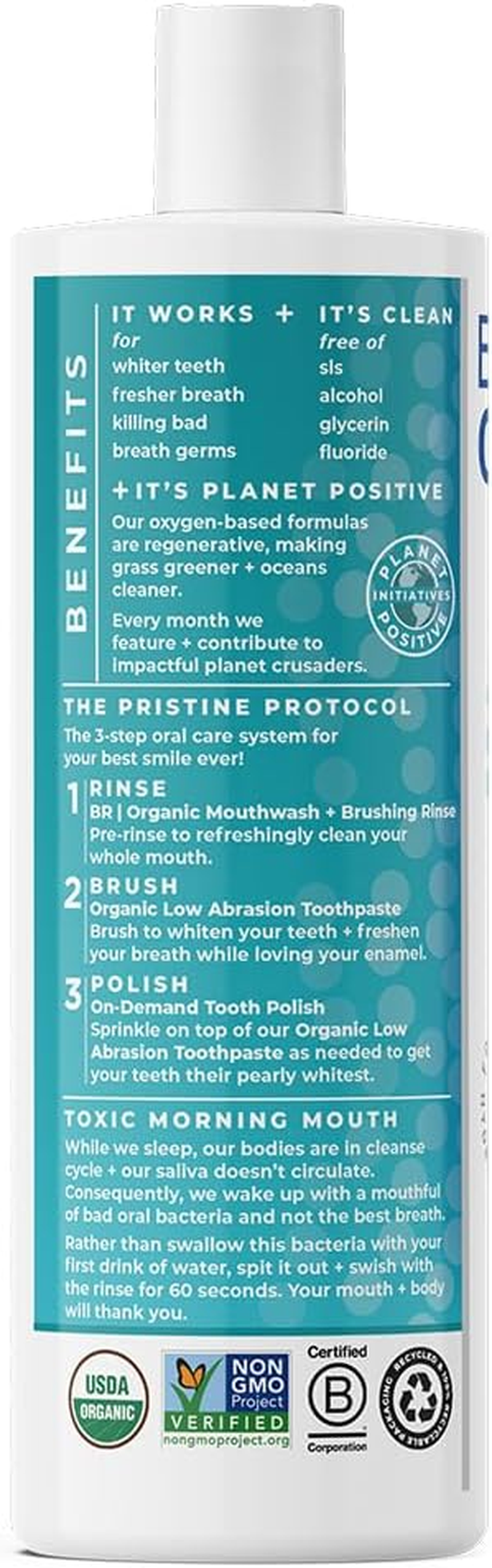 Essential Oxygen Certified BR Organic Brushing Rinse, All Natural Mouthwash for Whiter Teeth, Fresher Breath, and Happier Gums, Alcohol-Free Oral Care, Peppermint, 16 Ounce image number 1