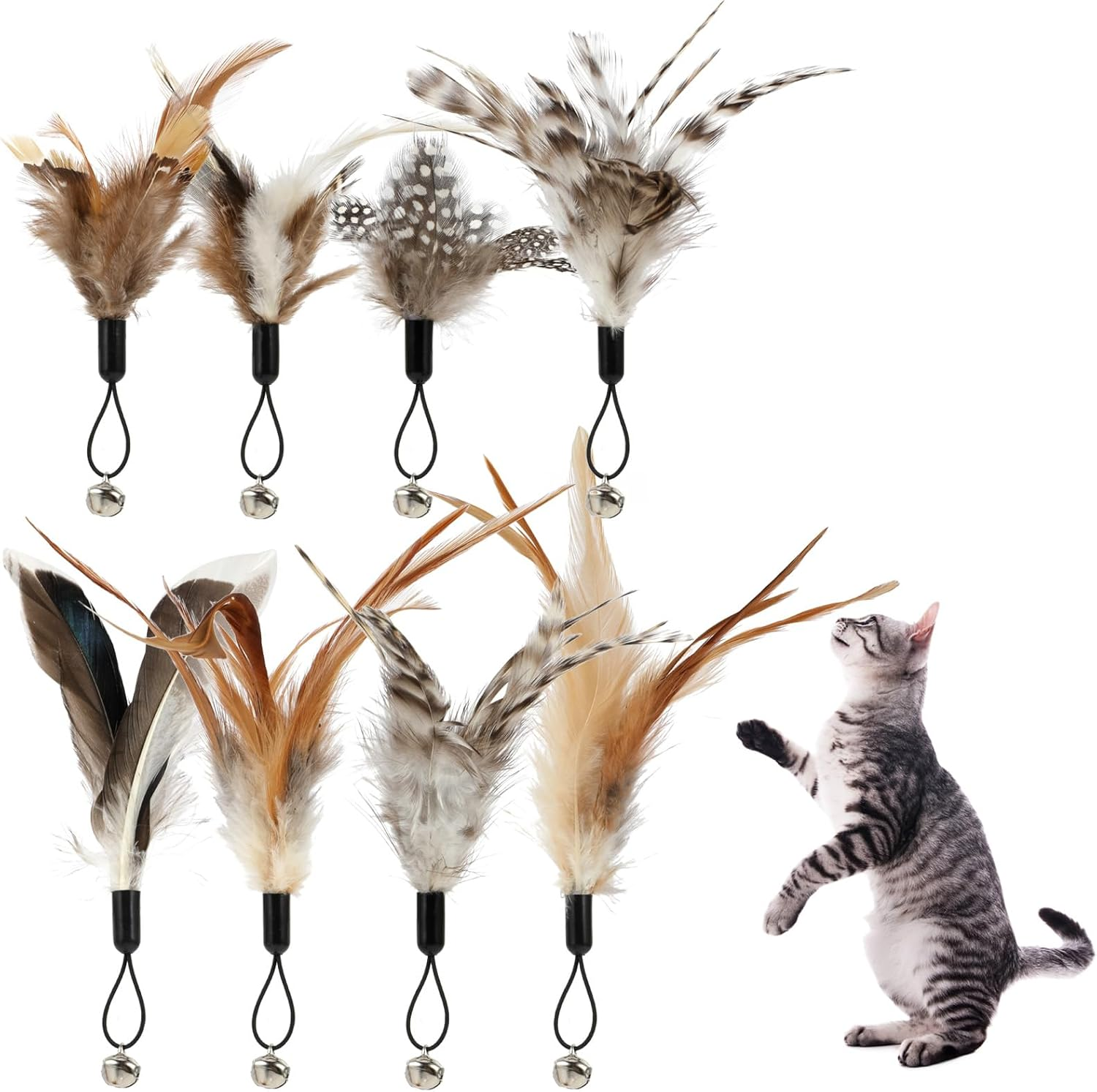 Pack of 8 Cat Feather Toys with Bells, Feather Teaser Cat Toy, Replacement Feather Refills with Bells, Exerciser Play Toy for Kittens or Cats image number 6