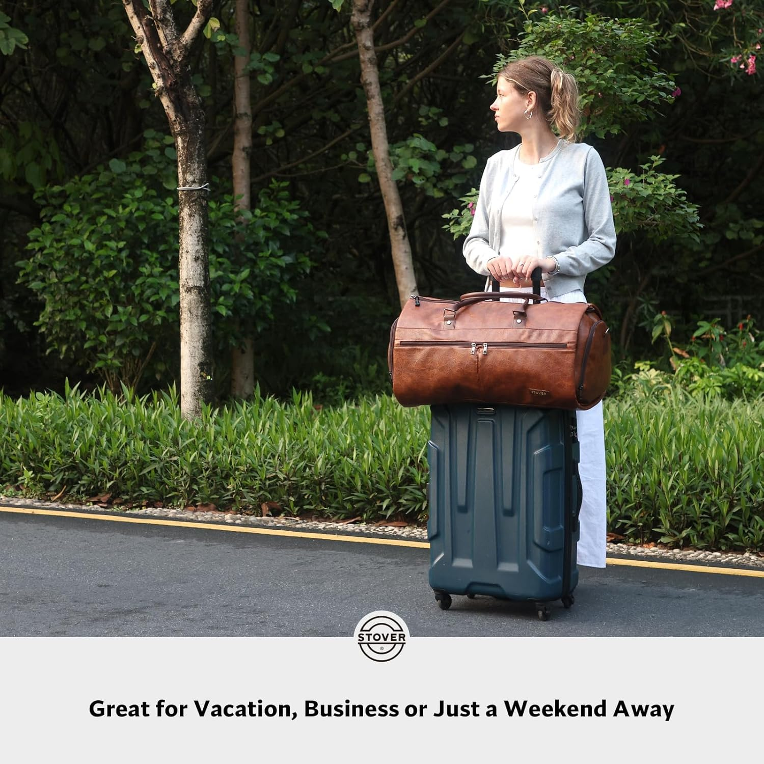 STOVER Garment Travel Duffle Bag, Large 2-In-1 Convertible Carry-On Luggage for Men & Women- Hanging Suits, Dresses & Clothes + Shoe Compartment- Weekender Tote Combo Duffel, Leather Brown, Garment image number 2