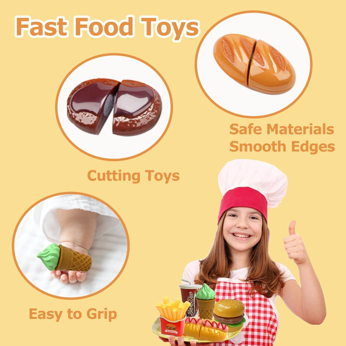 Play Food Toy Set for Kids Kitchen, Pretend Removable Fast Food Playset Cutting Toy with Hamburger ＆ French Fries Combo, Role Play Educational Kitchen Toy for Boys or Girls image number 2