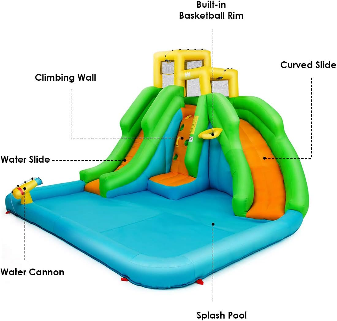 HONEY JOY Inflatable Water Slide, 6 in 1 Inflatable Castle Water Park W/Climbing Wall, Basketball Rim, Large Bounce House, Splash Pool, Water Cannon, Kids Water Slides for Backyard (Without Blower) image number 5