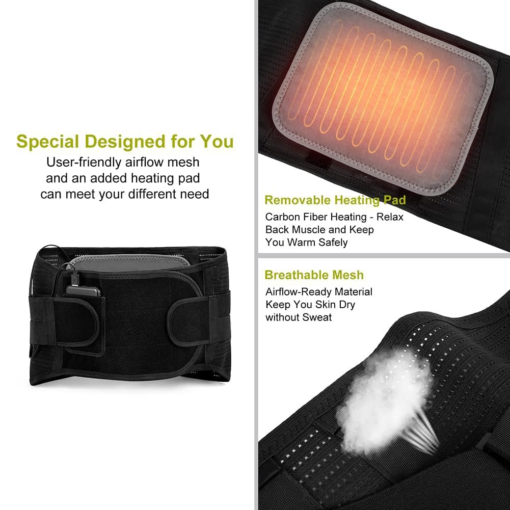 HONGJING Back Support Belt with Heat for Lower Back Pain Relief, Rechargeable Back Bace with 3 Temperature for Herniated Disc, Sciatica, Works for Men or Women (L)