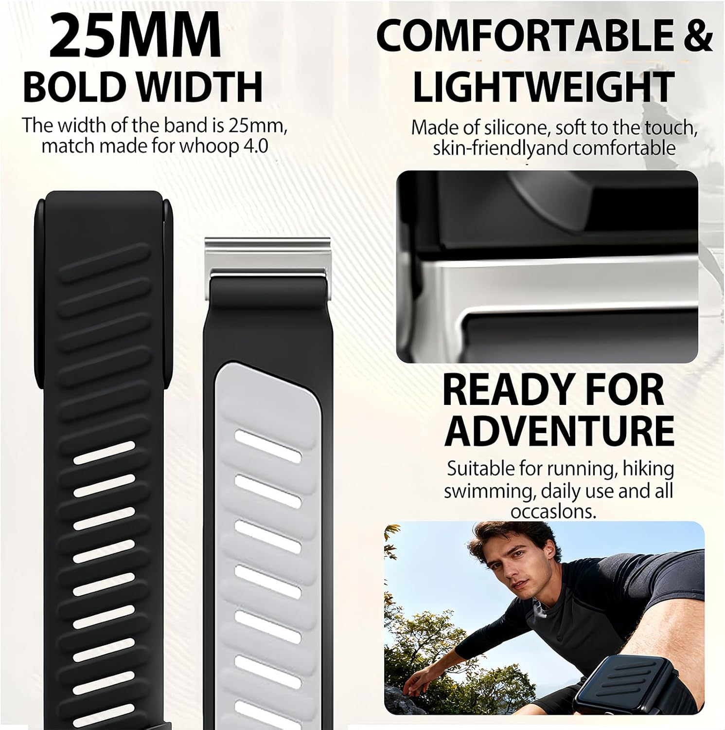 Silicone Wristband Compatible with WHOOP 4.0 & 3.0, Durable Soft Silicone Sports Loop Replacement Strap with Metal Frame Connector, Adjustable Waterproof Breathable Band for Men & Women (Black) image number 3